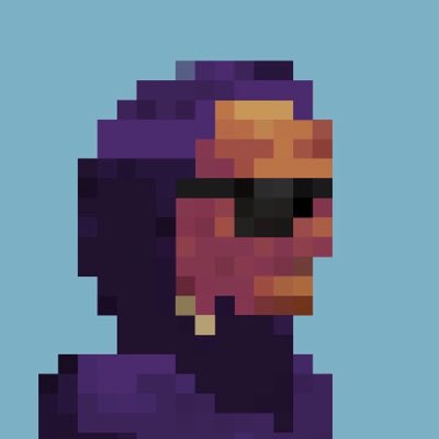 A pixelated portrait of a hooded figure with a visor and beard against a light blue background.