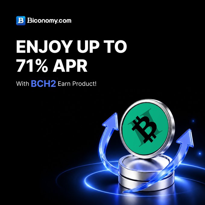 An advertisement from Biconomy.com offering 'ENJOY UP TO 71% APR With BCH2 Earn Product!' alongside a graphic of a green Bitcoin-style coin and rising blue arrows.