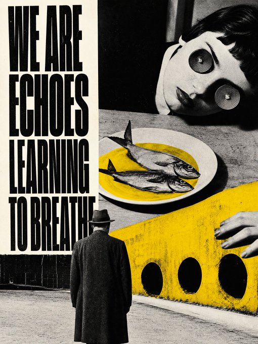 Black and yellow collage-style poster reading "WE ARE ECHOES LEARNING TO BREATHE," featuring a woman with hypnotic spiral eyes, fish on a plate, a man in a coat, and a hand near holes.