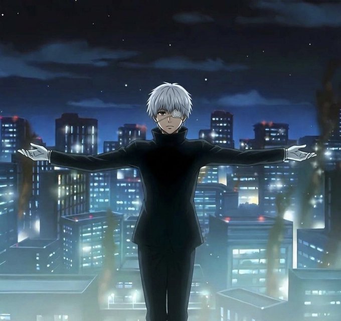 An animated character with white hair, wearing a black outfit and white gloves, stands with arms outstretched against a night-time cityscape.