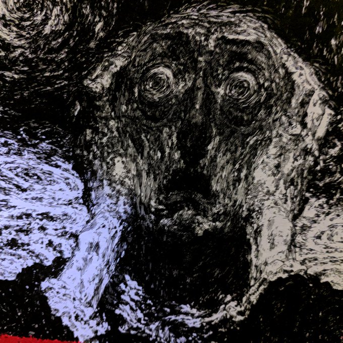 A heavily stylized, high-contrast black and white woodcut-style illustration of a face with wide, swirling eyes, giving a frantic or shocked expression, with hints of blue and red coloring.