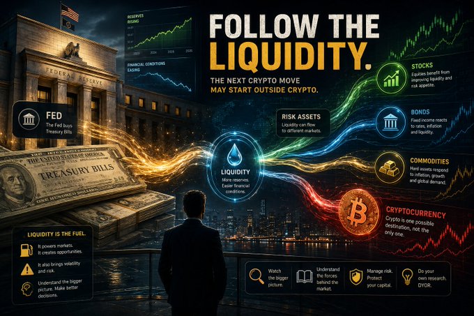 The image illustrates “FOLLOW THE LIQUIDITY,” showing the Fed buying Treasury bills as reserves flow through stocks, bonds, commodities, and Bitcoin. It emphasizes that U.S. monetary policy and market-wide liquidity can move the crypto chart before Bitcoin (₿) moves on its own.
