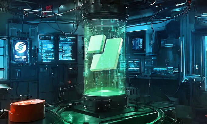 A futuristic, cyberpunk-style room featuring a glowing green cylindrical chamber in the center, surrounded by screens and monitors labeled 'Rango Exchange'.