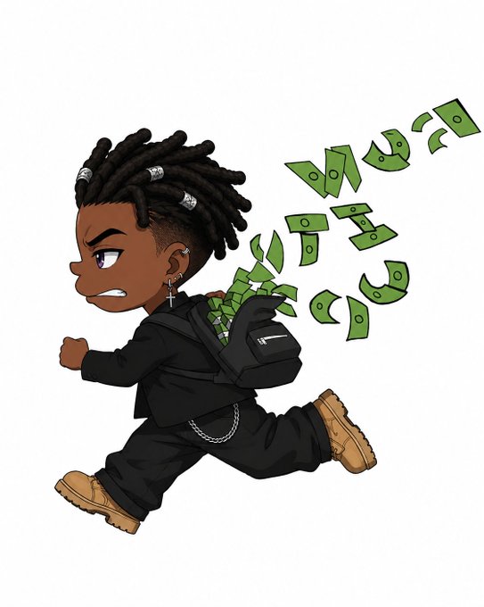 A cartoon illustration of a person with dreadlocks running while carrying a backpack overflowing with green banknotes that spell out 'NEVER GONNA GIVE YOU UP'.