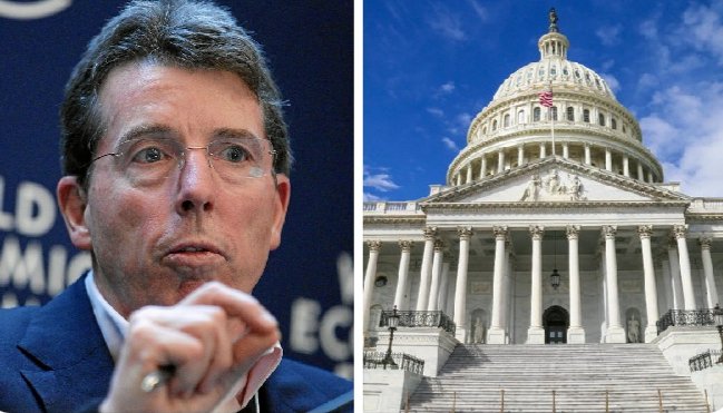 A man speaks at a podium beside an image of the U.S. Capitol building, evoking the legislative backdrop for the CLARITY Act referenced in the post about former Barclays CEO Bob Diamond's vision for 24/7 trading and blockchain-powered finance reform.