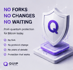 The image features a shield with a Q symbol on top, surrounded by purple text that reads "No forks, No changes, No waiting". The background of the image is white, which contrasts with the purple text and makes it stand out. The main focus of the image is the shield itself, positioned in the center of the frame.