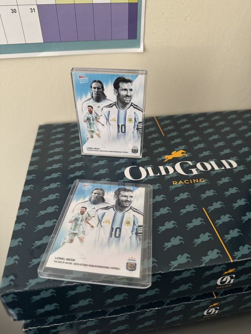 Two Lionel Messi Topps Now cards from Argentina's International Football are displayed on top of an "Old Gold Racing" box with horse silhouettes, complementing the poster's message about pulling the Messi card as the highlight of a break despite no major hits.