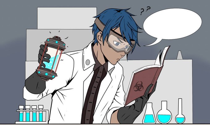 A blue-haired scientist in a lab coat and safety goggles examines a vial of glowing blue liquid while reading a book marked with a biohazard symbol, looking puzzled with a question mark and blank speech bubble above his head. The image humorously relates to "GM CT" by depicting the complex, puzzling world of crypto trading as an experiment or science—suggesting traders are like confused scientists trying to understand mysterious data (the blue liquid).