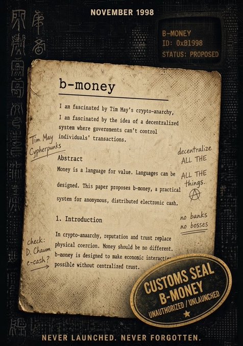 A stylized "Customs Seal" poster dated November 1998 featuring the original "b-money" proposal by Wei Dai, referencing Tim May's "Crypto Anarchy" and emphasizing concepts like "no banks, no bosses" and decentralization, with the tagline "Never Launched. Never Forgotten" commemorating the unfulfilled electronic cash system that preceded Bitcoin.
