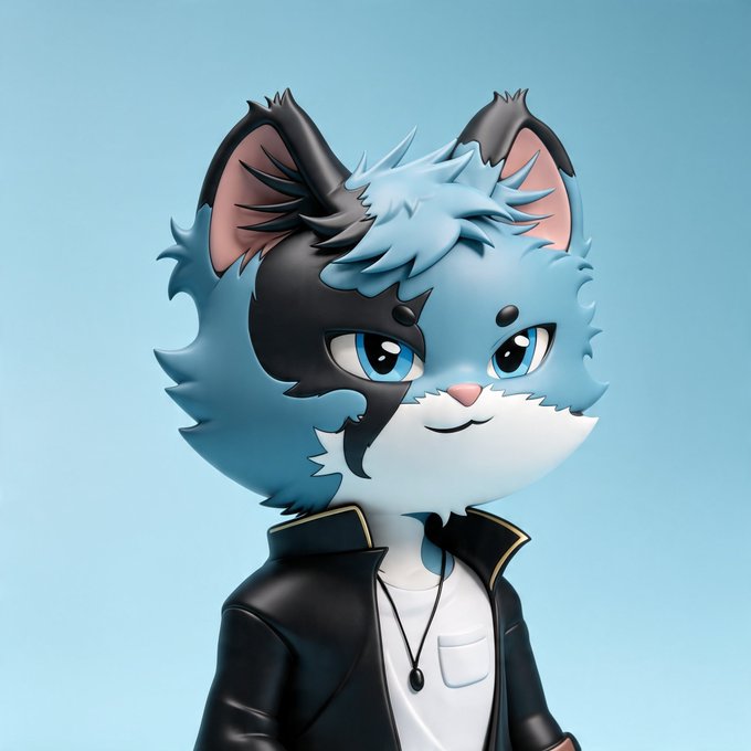 A 3D-rendered furry character with blue and black fur, blue eyes, wearing a black jacket over a white shirt.