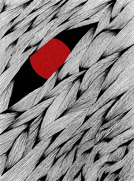 An abstract pattern of woven grey strips with a small red and black shape near the center.