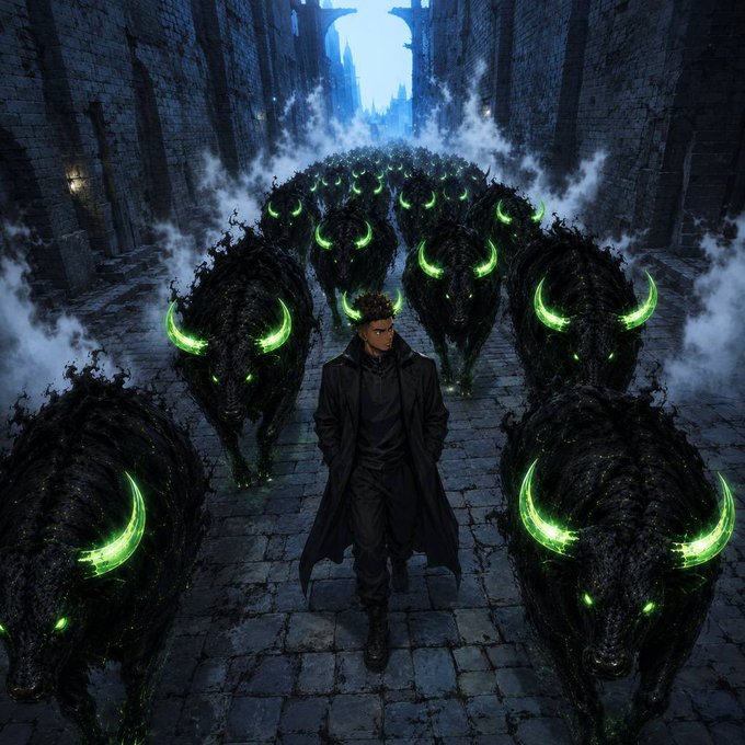 A dark fantasy digital artwork shows a man in a long black coat walking confidently down a stone street, surrounded by a herd of shadowy beasts with glowing green horns and eyes.