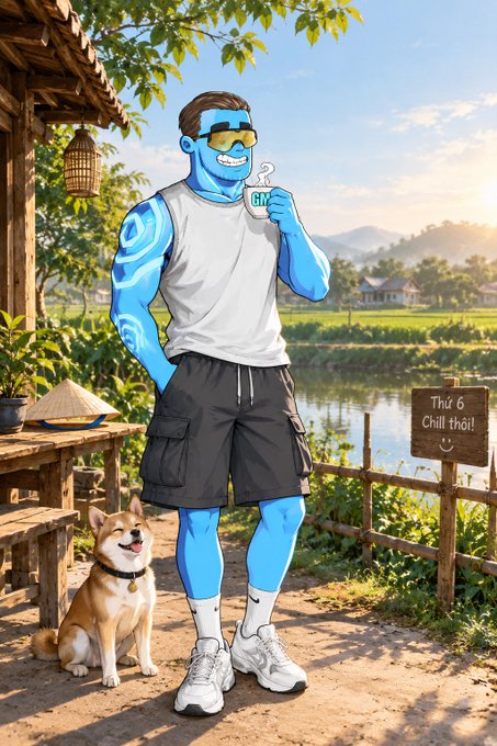 An AI-style image features a muscular blue-skinned character wearing sunglasses, a white tank top, and black shorts, holding a mug while standing with a Shiba Inu dog near a wooden sign reading 'Thúc 6 Chill thôi!' in a rural setting.
