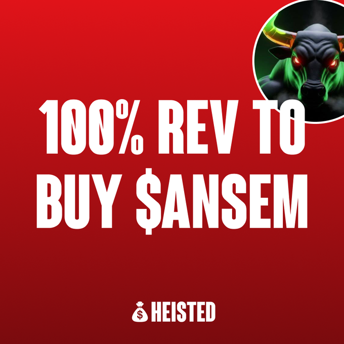 The image is a bold red graphic featuring a bull mascot in the upper right corner, with white text declaring "100% REV TO BUY $ANSEM" and the "HEISTED" logo at the bottom. It visually reinforces the post's announcement that Heisted will commit all revenue from their upcoming game to purchasing the $ANSEM meme token, with a projected buy of ~6,200,000 tokens if they replicate their previous game's $4M revenue.