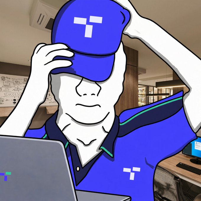 A stylized cartoon avatar wearing a blue cap and polo shirt with a 'T' logo pulls down its cap over its eyes while sitting at a laptop in an office setting.