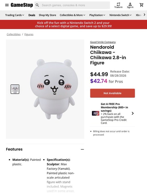 A GameStop product page for a 'Nendoroid Chiikawa - Chiikawa 2.8-in Figure' by Good Smile Company, priced at $44.99 (Pro price $42.74) with a release date of 08/28/2026.
