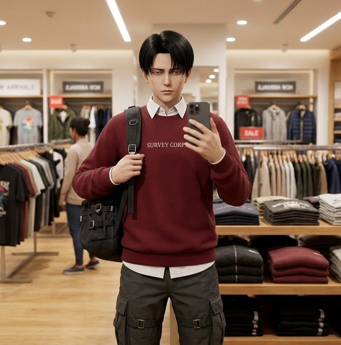 The image shows a person taking a mirror selfie in a clothing store, wearing a maroon "Survey Corps" sweater (an Attack on Titan reference) over a white collared shirt, paired with gray cargo pants and a black backpack. The post about a relaxing Saturday and feeling refreshed contrasts with the image, which depicts someone actively out shopping rather than resting.