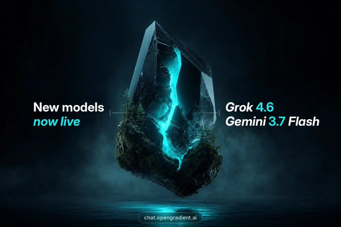 The image shows a dark, floating crystal-like geometric structure with glowing blue veins running through it, accompanied by text announcing "New models now live" alongside "Grok 4.6" and "Gemini 3.7 Flash" on chat.opengradient.ai. This visually reinforces the announcement of two new AI models being launched on the platform, with the glowing crystal symbolizing the unveiling of these new capabilities.