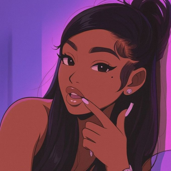 A stylized anime-style digital illustration of a woman with long dark hair, pink lipstick, and a beauty mark, touching her lip with her index finger against a purple-toned background.