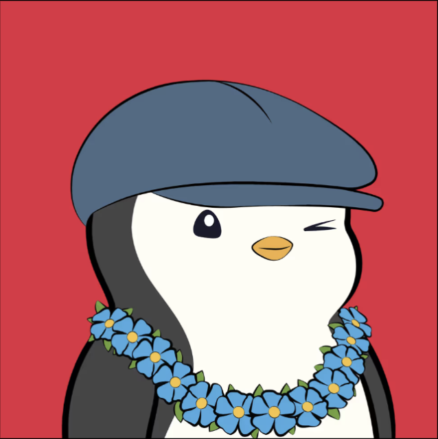 An illustration of a winking penguin wearing a blue flat cap and a blue flower lei on a red background.