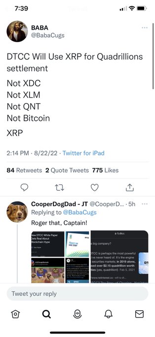 The image shows a tweet from user @BabaCugs stating "DTCC Will Use XRP for Quadrillions settlement," listing other cryptocurrencies (XDC, XLM, QNT, Bitcoin) and confirming XRP. Below, a reply from @CooperDogDad reads "Roger that, Captain!" This aligns with the post's reference to @BabaCugs predicting DTCC would use XRP for settlements.