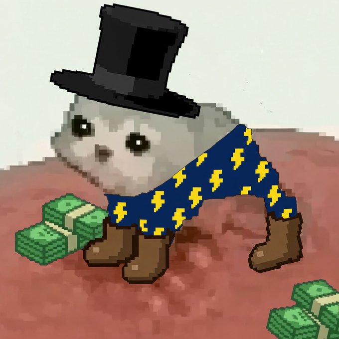 A pixel art NFT of a cat wearing a black top hat and blue shirt with yellow lightning bolts, standing on a Mars-like surface next to stacks of cash.