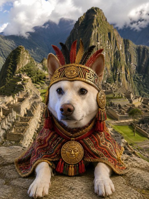 The image features a white dog wearing a costume that resembles a native Peruvian outfit, complete with a headdress and tassel. The dog appears to be posing for the camera while sitting or laying down on a rock formation. The background of the photo shows mountains in the distance, suggesting that this scene takes place at Machu Picchu, an ancient Incan city nestled high up in the Andes Mountains.