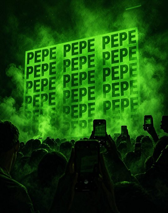 A concert scene bathed in green light and smoke, with the word "PEPE" repeated across a large screen as a crowd holds up phones to record.