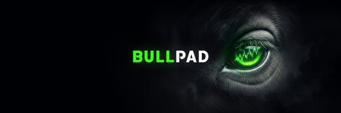 A dark logo/banner for 'BULLPAD' featuring a wolf's face with a glowing green eye containing a heartbeat/waveform pattern on a black background.
