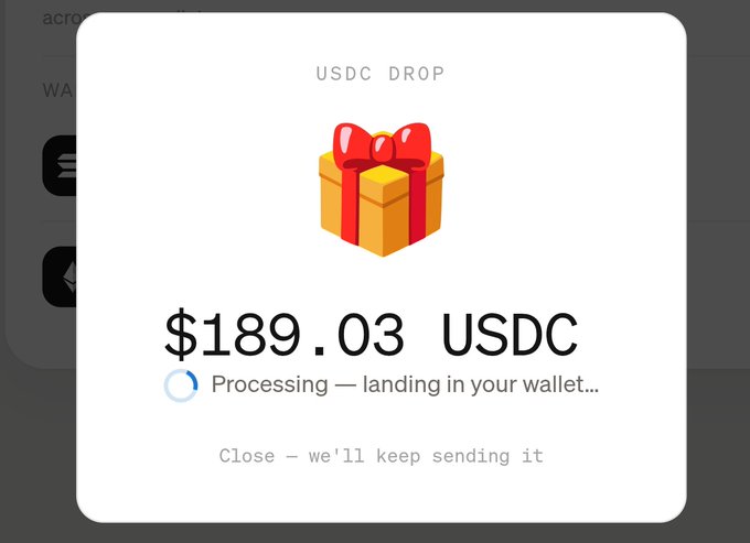A pop-up notification confirms a USDC Drop of $189.03 is processing and landing in the user's wallet, illustrating the earnings users can accumulate by following the instructions to install the MoonPay MCP via paybox.sh.