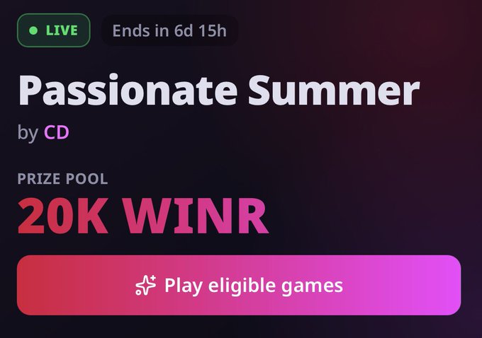 A promotional banner for a live "Passionate Summer" tournament by CD featuring a 20K WINR prize pool ending in 6 days, 15 hours, with a call-to-action button to "Play eligible games." The image directly matches the post, highlighting the same 20K WINR prize pool and the "Passionate Summer" event the poster is playfully encouraging viewers to join.