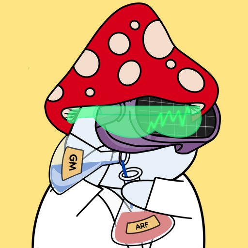 A cartoon illustration of a figure with a red mushroom cap with white spots for a head, wearing a lab coat with a "GM" patch, and using a futuristic green visored headset to examine a petri dish labeled "ARF".