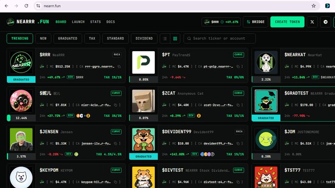 A screenshot of the nearrr.fun website displays various meme token tickers such as $RRR, $PT, $ZCAT, $DEVIDENT99, and $DIVTEST alongside their market caps and price changes.