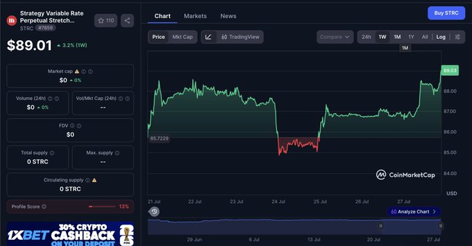 A CoinMarketCap chart shows Strategy Variable Rate Perpetual Stretch (STRC) trading at $89.01, up 3.2% (1W), with a weekly price action ranging between $85.72 and $89.01. The image supports the post's observation about STRC activity, displaying recent price stability with an upward trend into late July—context that aligns with speculation around a potential Saturn TGE in August or September.