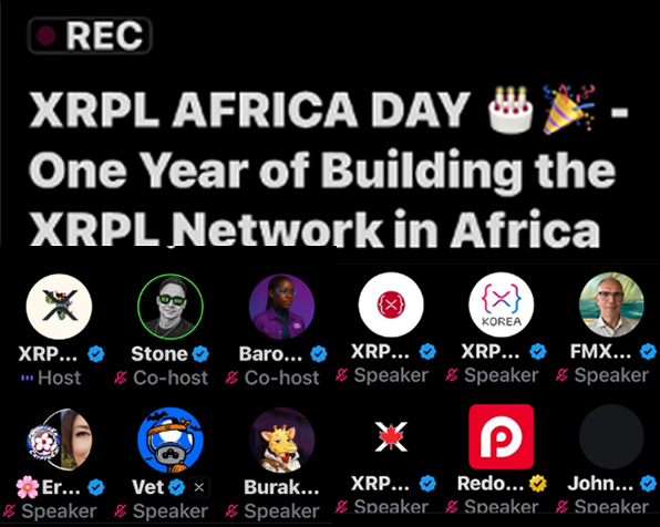 A promotional graphic for an 'XRPL AFRICA DAY - One Year of Building the XRPL Network in Africa' event lists multiple speakers, co-hosts, and hosts, including 'Stone' as Co-host and 'FMX...' as Speaker.