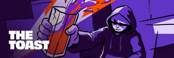 An animated-style illustration of a hooded character holding a glass of red liquid, with bold text 'THE TOAST' displayed on the left.