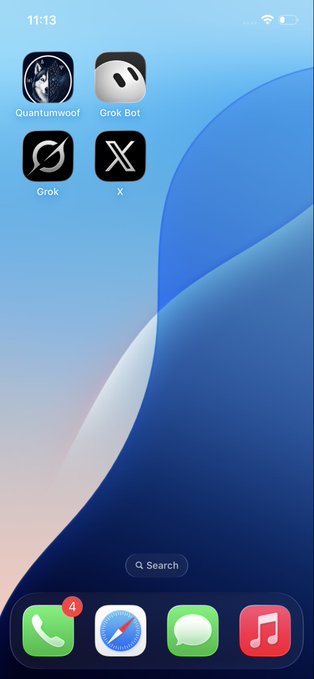 An iPhone home screen displays apps including Quantumwoof, Grok Bot, Grok, and X, with the time showing 11:13.