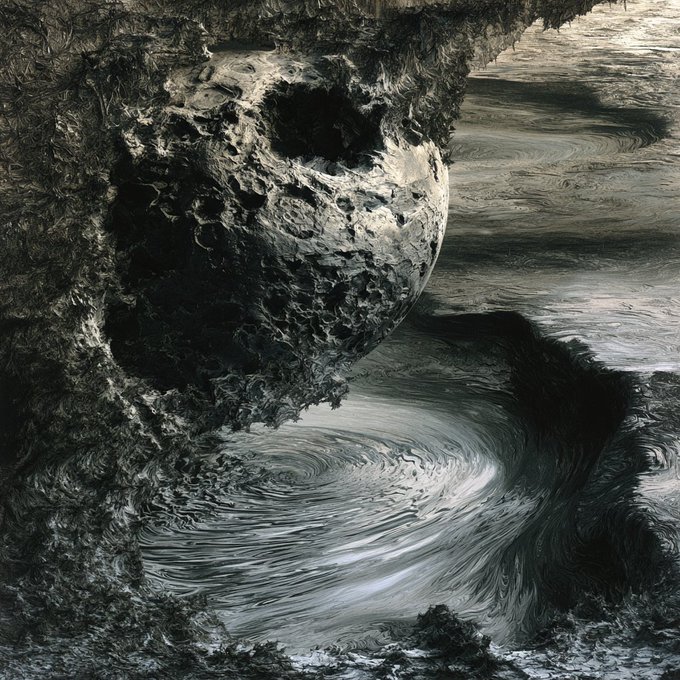 A surreal, monochromatic image of a heavily cratered moon-like surface emerging from turbulent, swirling water in shades of gray and black.