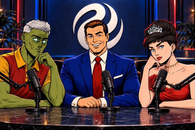 Three illustrated characters—a green-skinned figure, a man in a blue suit with a red tie, and a woman in a red dress with a tiara—sit behind microphones at a desk with a swirling logo behind them.