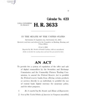 The image shows the first page of Senate Calendar No. 423 (H.R. 3633), a bill titled "In the Senate of the United States" related to providing a system of regulation for digital commodities by the Securities and Exchange Commission. While the accompanying post references the "Clarity Act," this document appears to be an earlier or differently numbered bill concerning similar digital commodity regulation, highlighting legislative efforts around cryptocurrency oversight in the U.S.