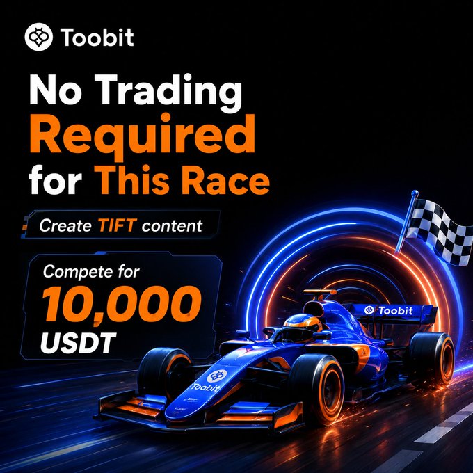A Toobit promotional poster featuring a Formula-style race car with the headline 'No Trading Required for This Race', urging users to create TIFT content and compete for a 10,000 USDT prize pool.