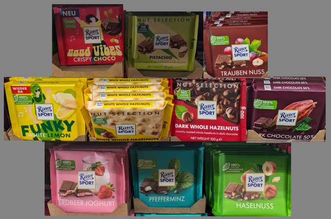 An assortment of Ritter Sport chocolate bar packages, including flavors like Pistachio, White Whole Hazelnuts, Funky White Lemon, and Strawberry Yogurt.