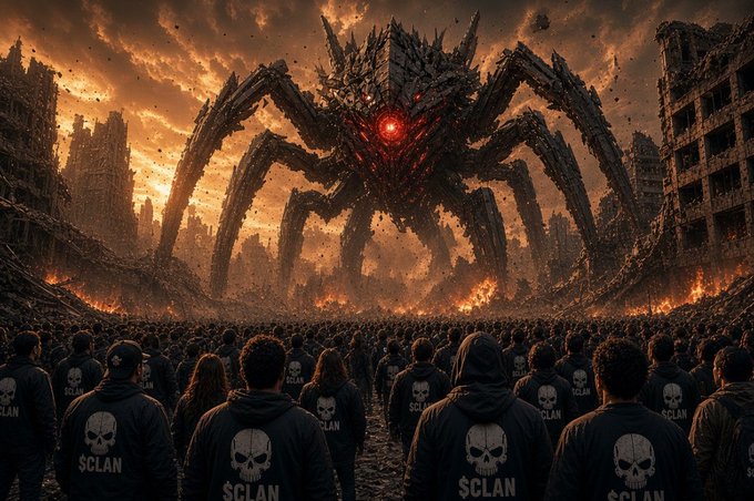 A massive spider-like mech monster with a glowing red core towers over a ruined, burning cityscape, while a crowd of people wearing black hoodies emblazoned with skull logos and the word '$CLAN' face the creature.