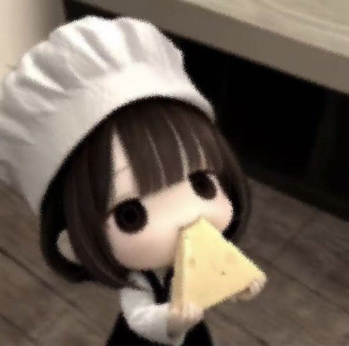 An animated image of a small character wearing a white chef's hat and eating a slice of cheese.