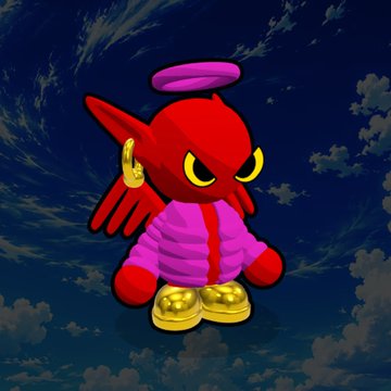 A cartoonish red character with wings, a purple halo, a pink shirt, and gold shoes, floating against a cloudy sky background.