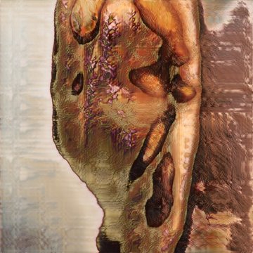 A textured, surreal artwork depicting what appears to be an organic, bulbous form in earthy brown tones with hints of purple and green against a muted background.