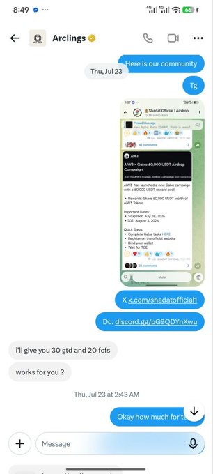 A WhatsApp chat conversation in the "Arclings" group discussing community whitelist (WL) allocation, with the user offering 30 GTD and 20 FCFS spots, referencing the Arc Network mint on September 16 with a supply of 6,283, and including a shared screenshot of a Shadat Official Airdrop announcement featuring the X.com/shadatofficial1 link and Discord invite.