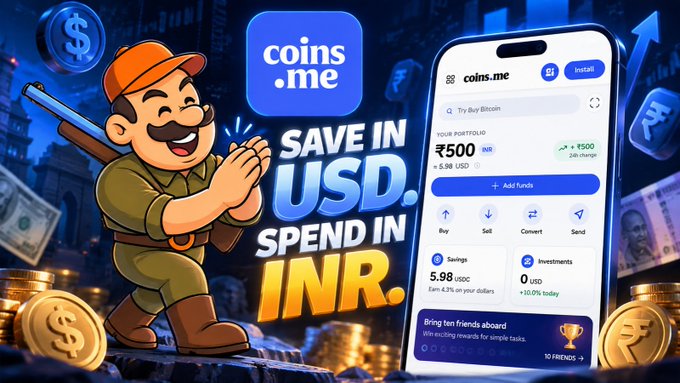 A promotional advertisement for the coins.me app featuring a cartoon soldier mascot, with the slogan 'SAVE IN USD. SPEND IN INR.' showing cryptocurrency portfolio values.