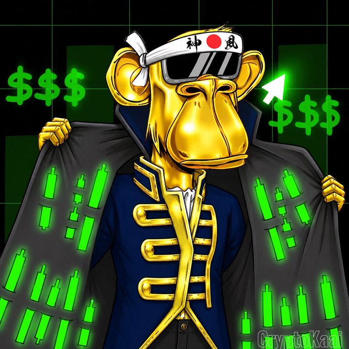The user wants a concise caption for the image.
I need to identify key elements:
- A golden monkey character (likely a "Kaa" character from CryptoKaa).
- Wearing a white headband with Japanese characters "神風" (Shinfu/Kamikaze) and a red circle (resembling the Japanese flag).
- Wearing sunglasses.
- Holding open a black cloak or cape.
- The inside of the cloak is lined with glowing green candlestick charts, indicating a bullish market.
- Green dollar signs "$$$" are floating on either side.
- A green arrow points towards the right side "$$$".
- The background is a dark green grid, resembling a stock chart.
- Text "CryptoKaa" is visible in the bottom right corner.

The prompt asks for a 1-2 sentence caption describing what is in the image, including key text.

Drafting the caption:
The image features a golden monkey character wearing a "神風