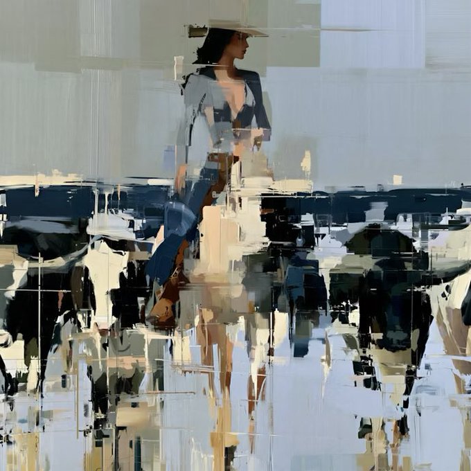 An abstract, painterly digital artwork depicting a woman wearing a wide-brimmed white hat and a flowing blue and white dress, rendered with fragmented, impressionistic brushstrokes.